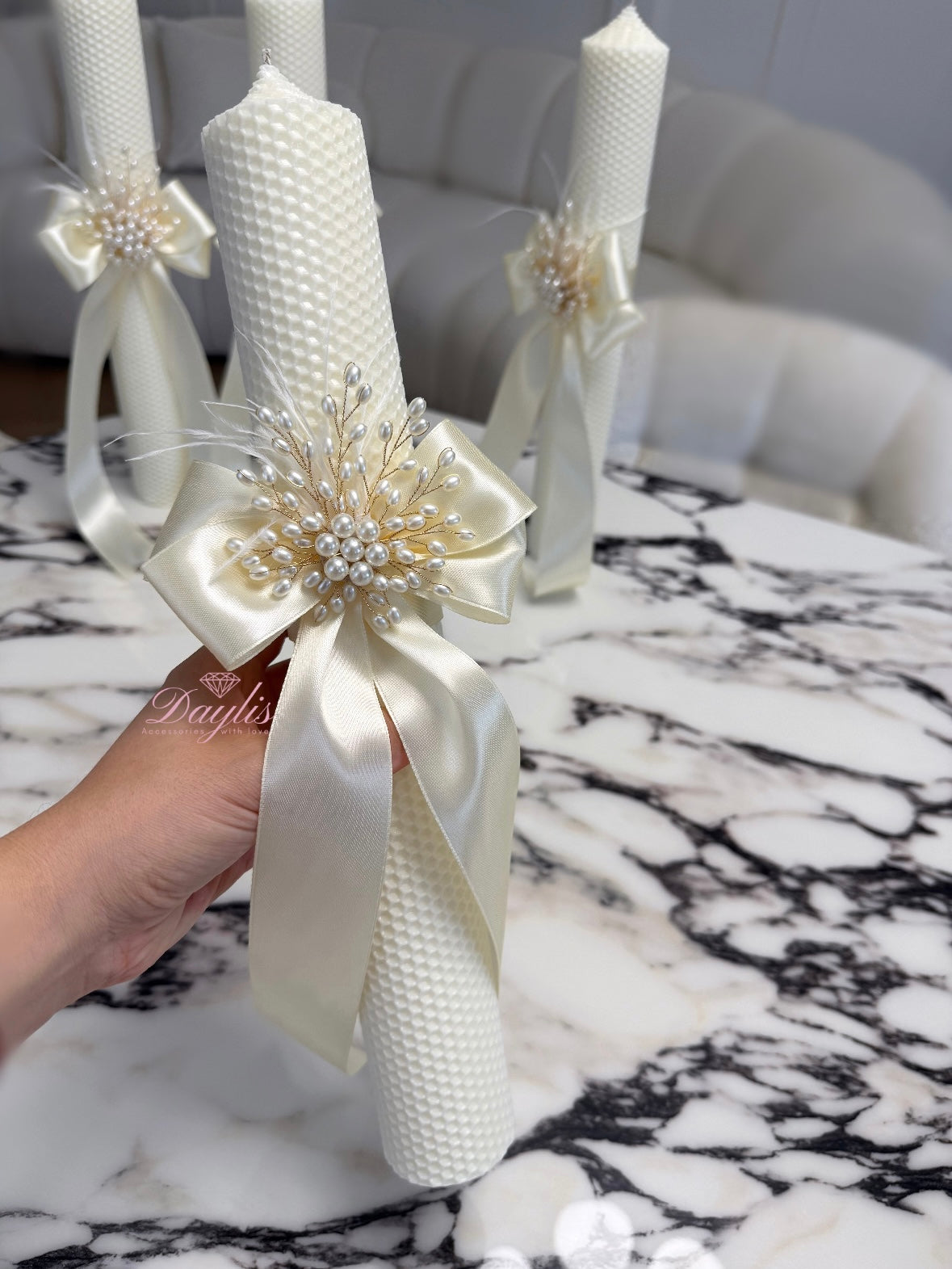 Set premium pentru nunta – 2 Lumanari si oglinda personalizata pentru verighete - Pearl - Daylis